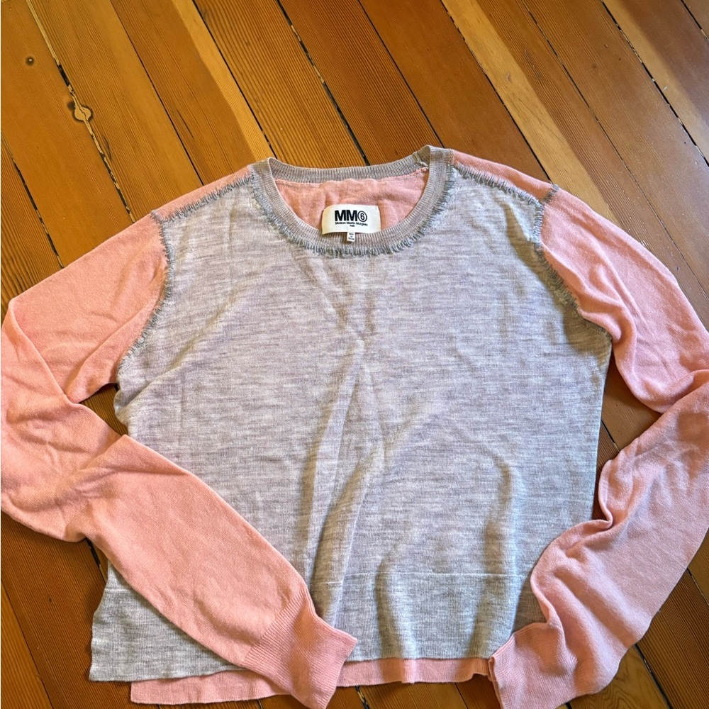 MM6 Maison Martin Margiela Pink and Gray Colorblock Crewneck Sweater